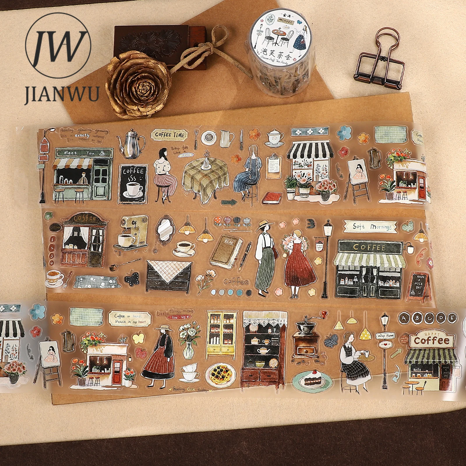 JIANWU 60mm * 5m 빈티지 캐릭터 퍼프 티 파티 풍경 소재 콜라주 스크랩북 PET 테이프 크리 에이 티브 DIY 저널 문구