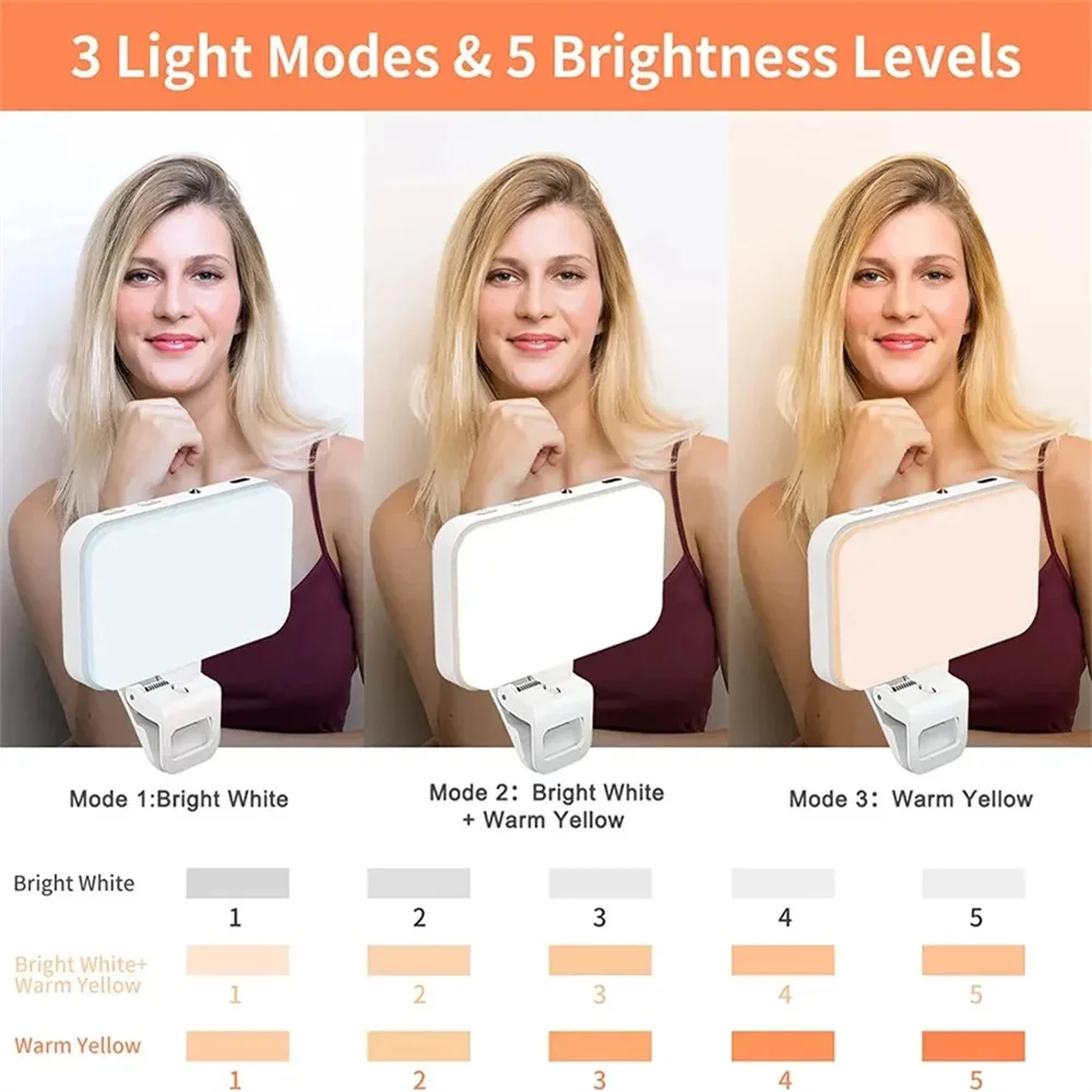 Fill Lamp LED Selfie Light 1000Mah Rechargeable Clip-on Video Conference Light 3 Modes For Cell Phone Tablet Laptop