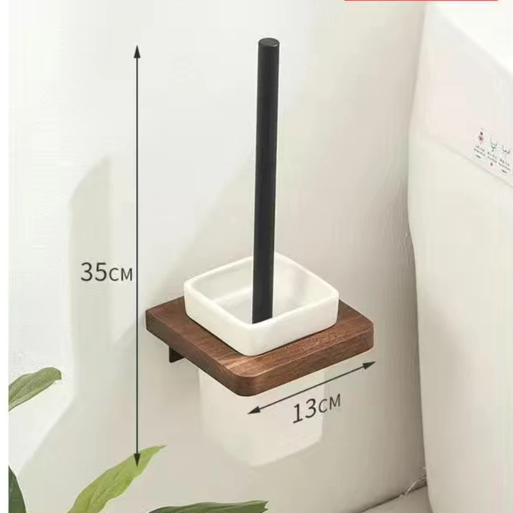 Wall-Mounted Toilet Brush Holder Set, Ceramic Base, Solid Wood, Luxury Bathroom Accessories, No Dead Corner