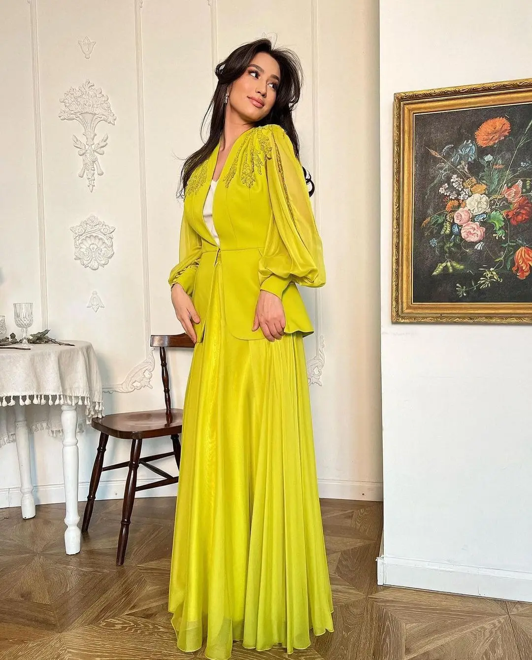 

Vintage Two Pieces Long Sleeves Prom Dresses Beadings Sequins Pleated Floor Length Evening Gowns Formal Party Dresses