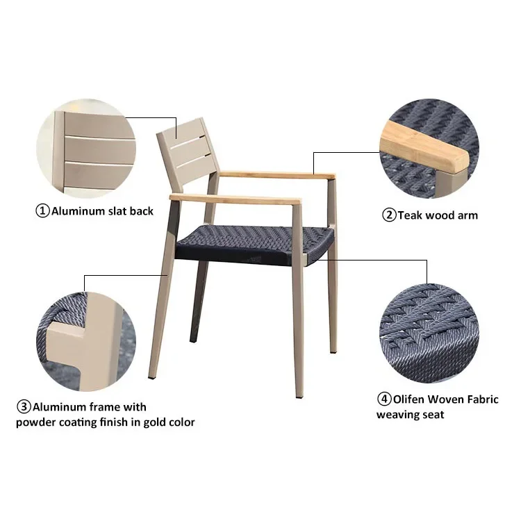 Commercial & Contract Aluminum Teak Armrest Patio Outdoor Dining Chair For Coffee Shop & Hotel