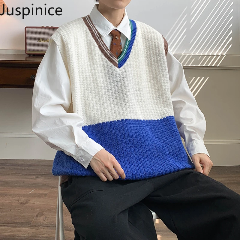 Japanese Style Color-blocked V-neck Knitted Vests Men's Loose Casual High Street Personality Sleeveless Sweaters Male Clothes