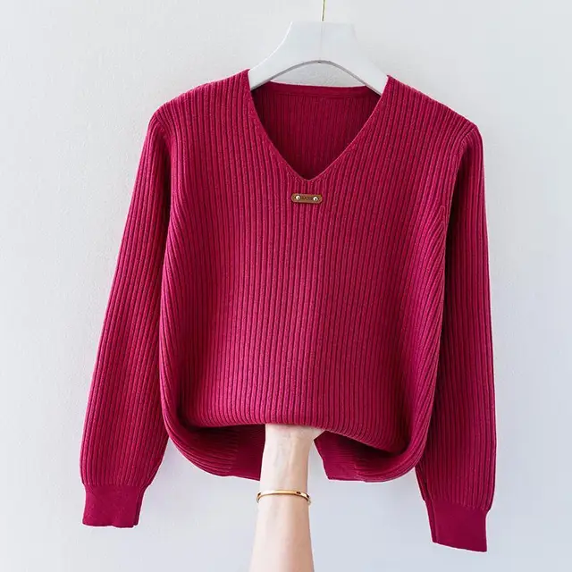 Fashion Women Long Sleeve Knitted Sweaters Spring Autumn New Solid Slim V-Neck Korean Basic Casual Bottoming Pullovers Tops 2022 3