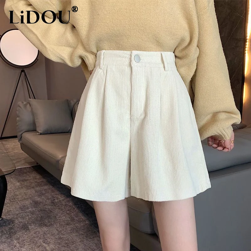 Casual Loose Corduroy Knee Length Pants 2023 Spring Autumn Solid Color Pockets Straight Pants Women Vintage Elegant Shorts 2023 summer new solid color turn down collar short sleeve zipper polo shirts and casual elastic waist pockets knee length pants