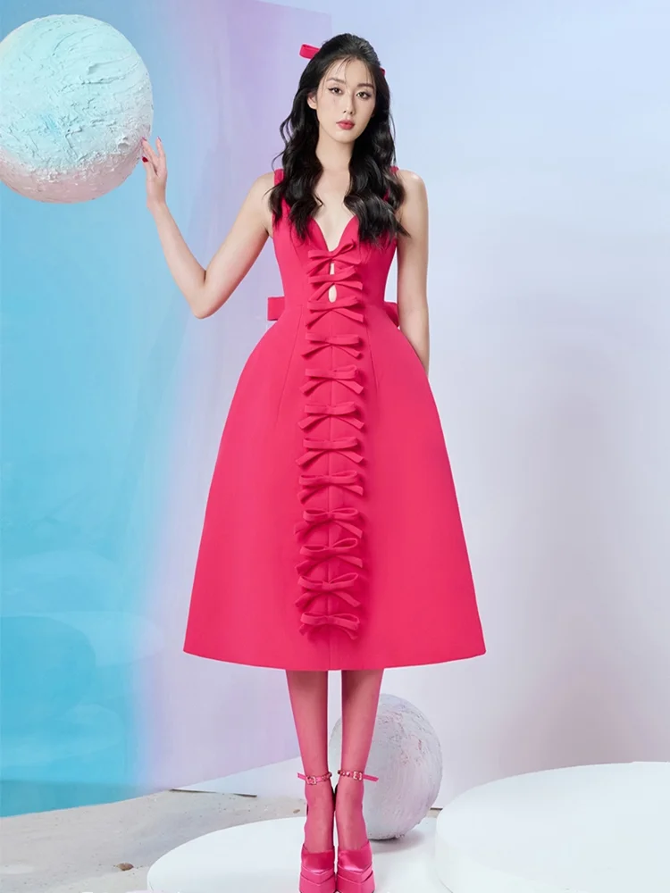 

Fashion Designer Elegant Slim Big Swing Long Dress Spring And Summer Women V Neck Bow Design High Waist Casual Vestidos Female