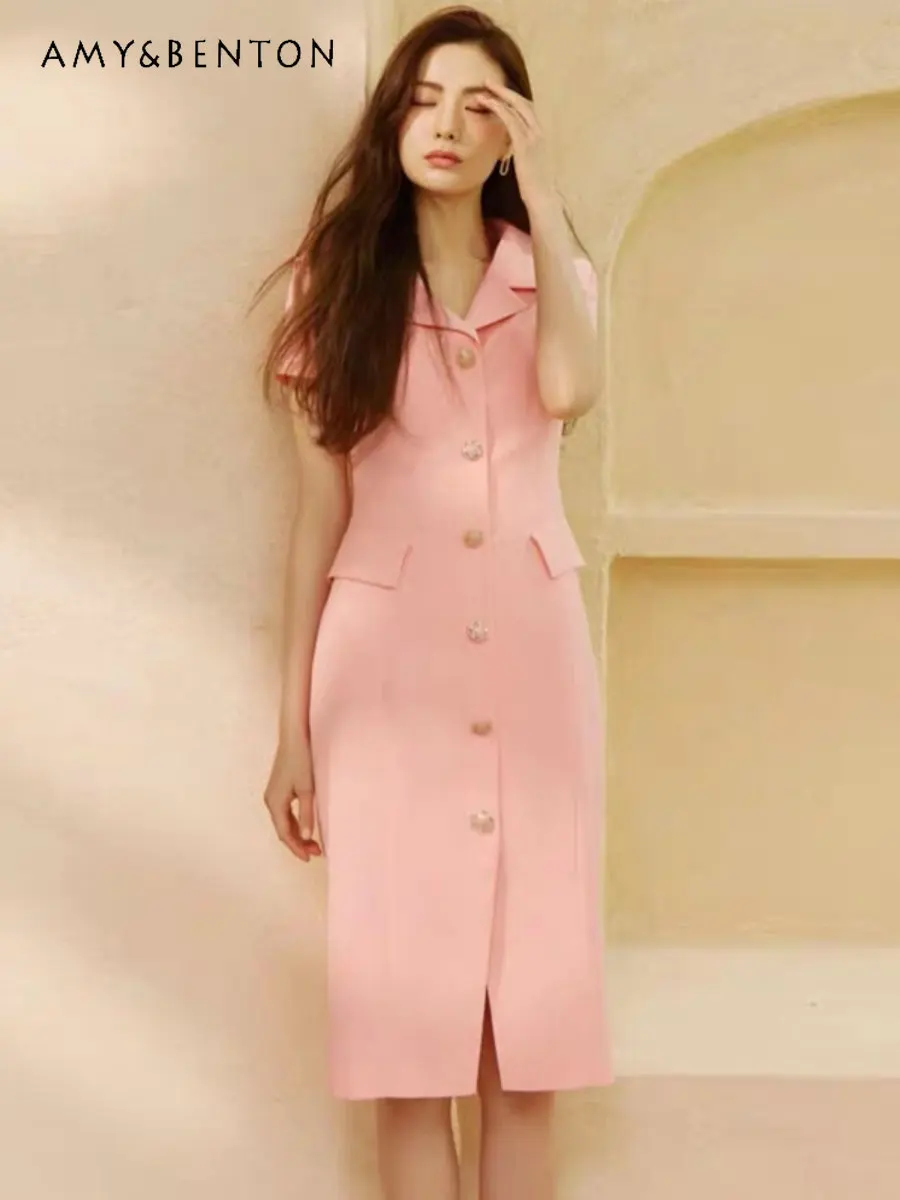 

Solid Color Sailor Collar Dress for Women Summer New Single-Breasted Short Sleeve Midi Dress Temperament Slimming Sheath Dresses