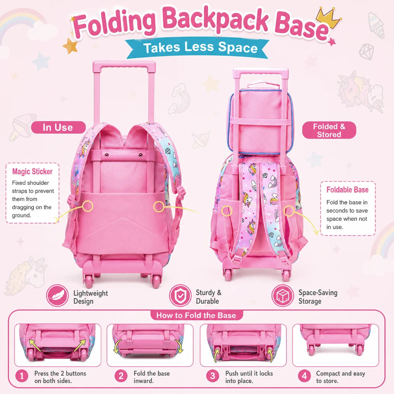 3PCS Rolling Backpack for Girls Kids Roller Wheels Bookbag with Lunch Bag Pink Unicorn Glow-in-the-dark Function