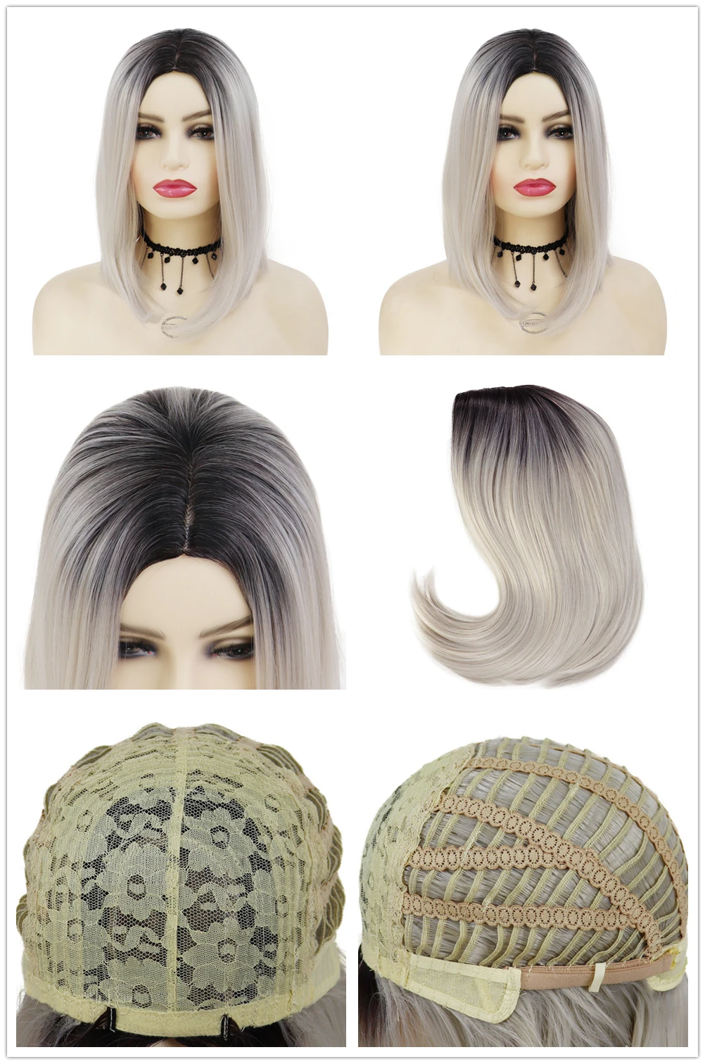 GNIMEGIL Synthetic Blonde Wig Bob Short Women Wigs Straight Hair Wig with Bangs Two Tones Sexy Hairstyle Dark Root Ombre Wigs