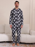 2024 New Halloween Party Mom Dad Kids Matching Outfits Skull Print Zipper Hooded Romper Jumpsuits Soft Sleepwear Family Look Pjs 2