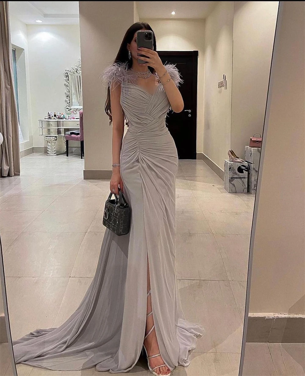 

Chiffon Feather Draped Pleat Ruched Prom A-line V-Neck Bespoke Occasion Gown Long Dresses