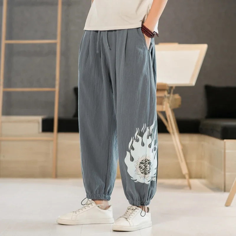 

Chinese Men's Pants Harajuku Casual Printed Tracksuit Pants Harem Pants Cotton and Linen Plus Size Kimono Yukata Streetwear