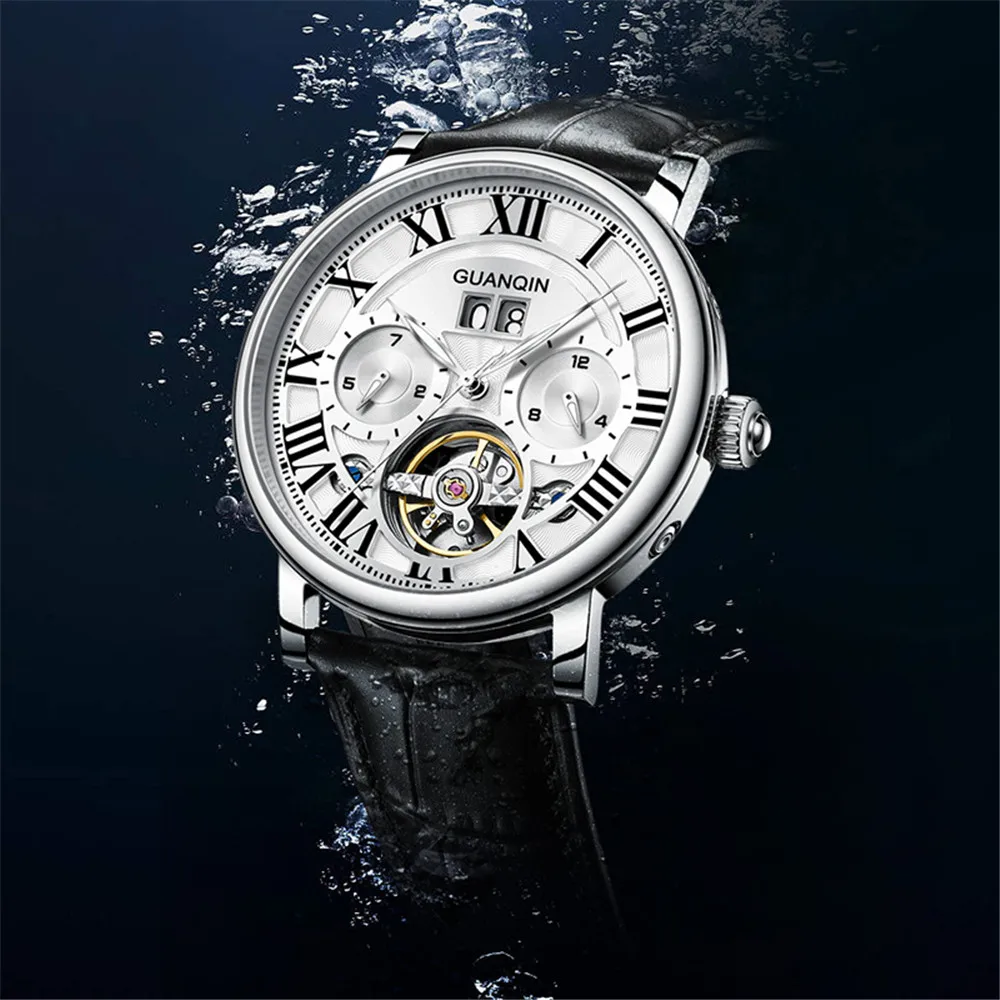 GUANQIN Reloj de pulsera mecánico de cuero luminoso para hombre, cristal de zafiro, resistente al agua, automático, reloj militar de tourbillon_voghion.com