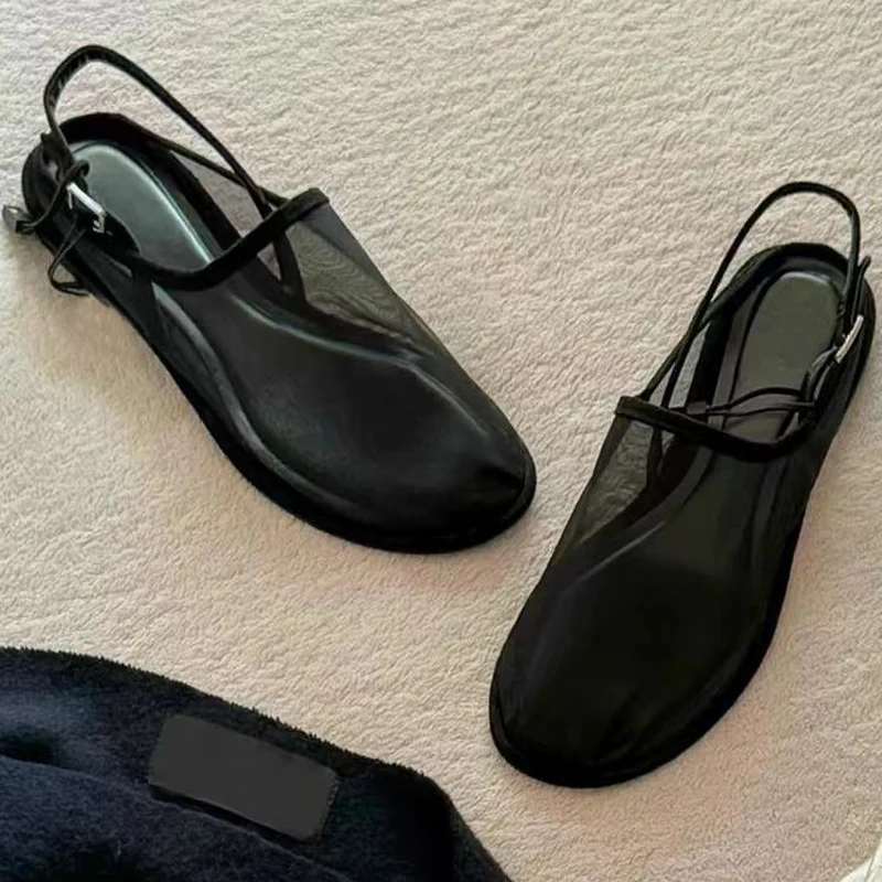 Transparent Gauze Mule Sandal Woman Casual Round Toe Net Slingback Shoes Ladies Brand Design Summer Breathable Mesh Flat Zapatos