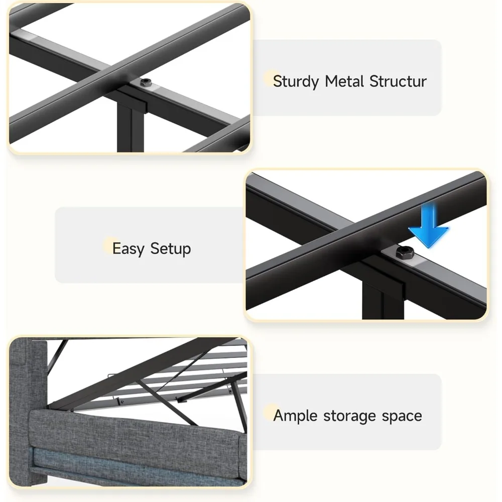 Large Lift Storage Bed Frame, Storage Headboard with Charging Station, Soft Cushioned Platform Bed with LED Lights 4