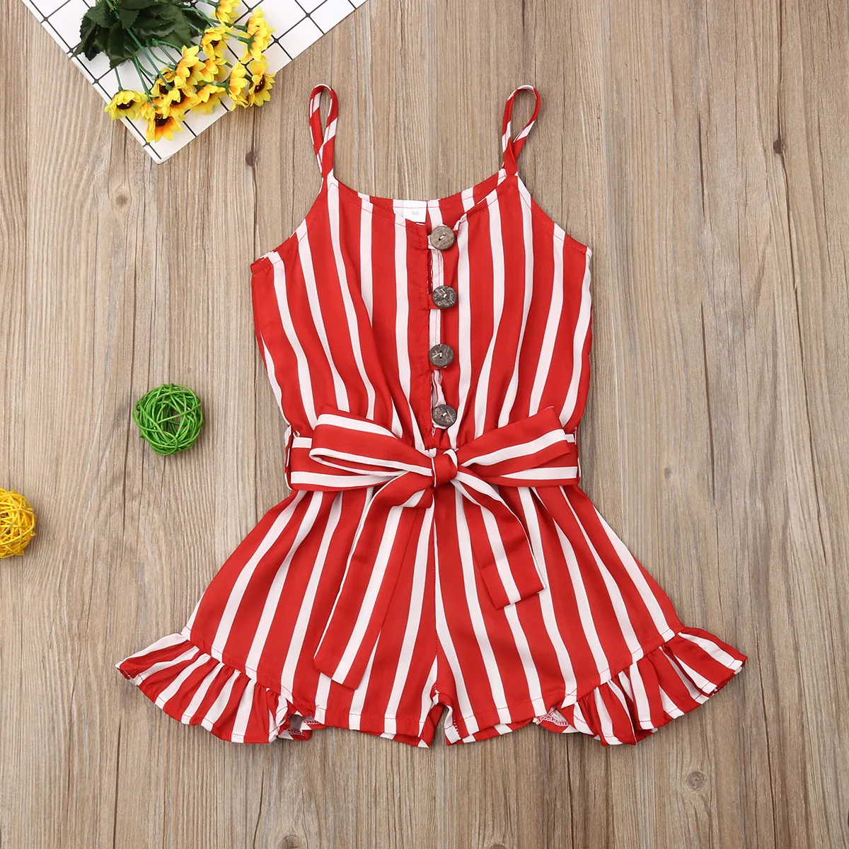 3-8Y  ҳ Playsuits     μҸ Ruffle Stripe Short Romper  Ʈ Kids Casual Overalls