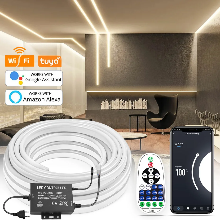

Tuya Wifi Светодиодные неоновые лампы с лампами AC 220V Светодиодная лента с разъемом EU IP67 Водонепроницаемая гибкая лента 120LED / M для домашней отделки