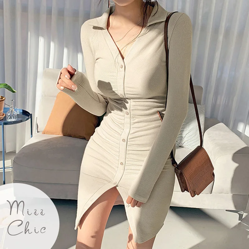 

Chic Ruched Mini Dress Women V-neck Long Sleeve Turndown Neck Slit Knit Bodycon Dress Y2k Casual Streetwear 2023 Autumn Clothes