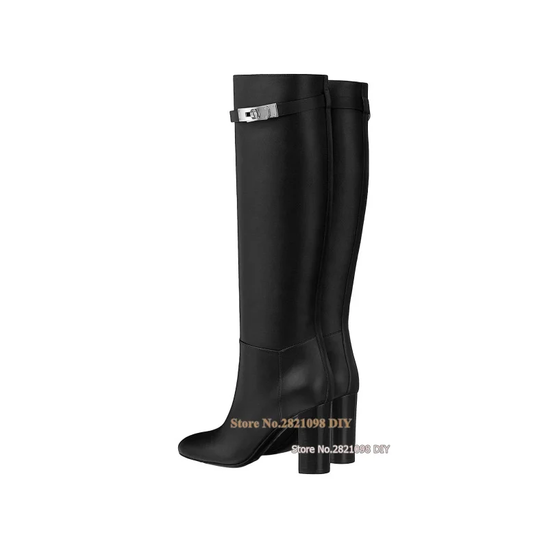 

Silvery Turn Lock Black Leather Knee Length Riding Boots Women Round Toe Block Heeled High Heel Long Knight Boot Woman's Shoes