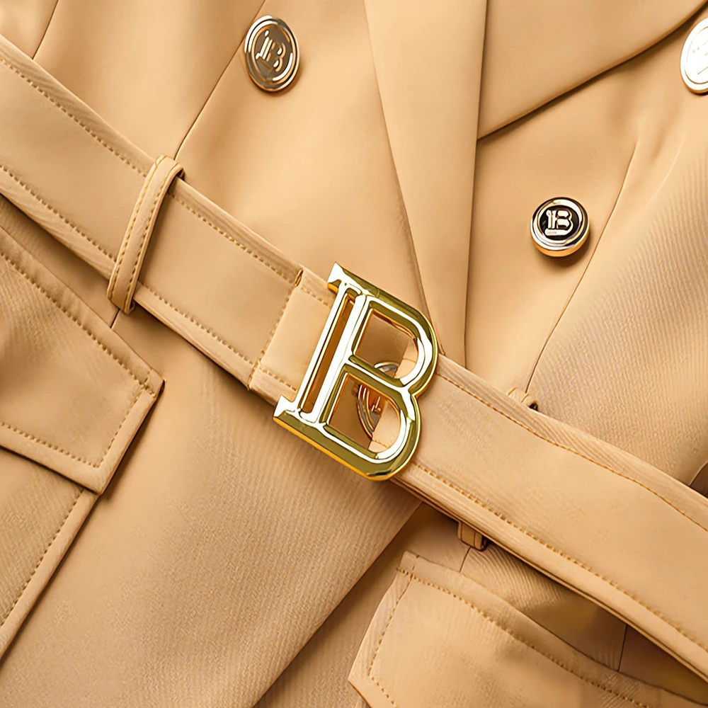 Women's Khaki Velvet Blazer Coat, Long Sleeve Metal Belt Button Jacket, Slim Formal Suit Outwear, High Quality