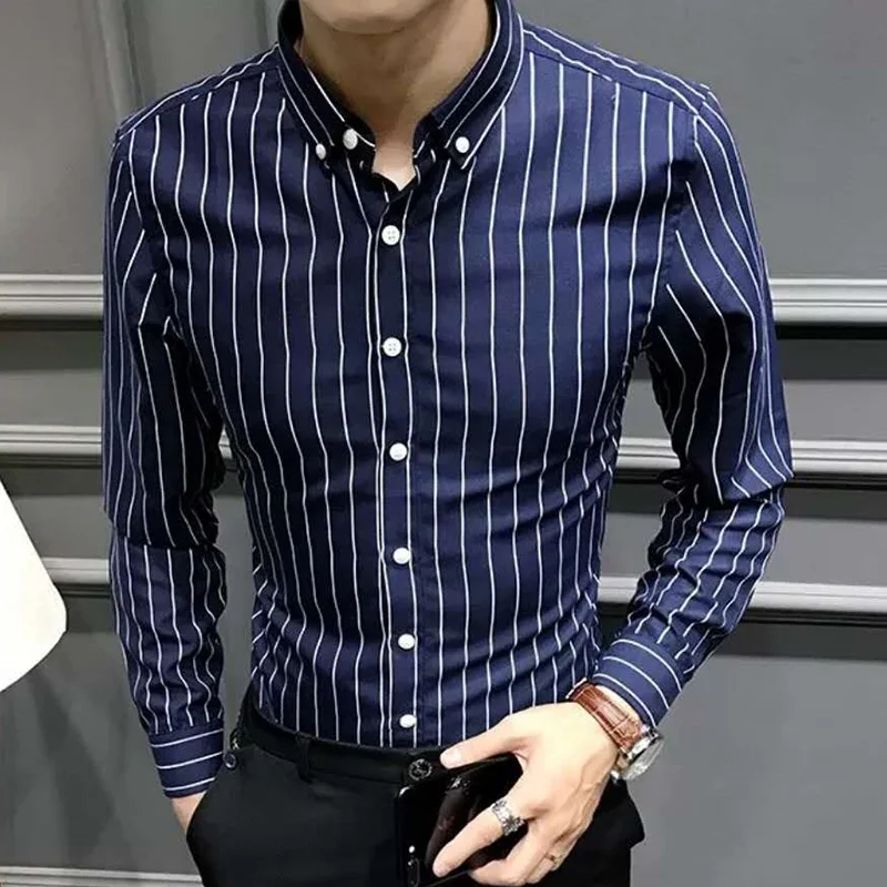 Fashion Lapel Button Loose Korean Striped Shirts Men Clothing 2023 Autumn New Oversized Casual Tops Long Sleeve All-match Shirt