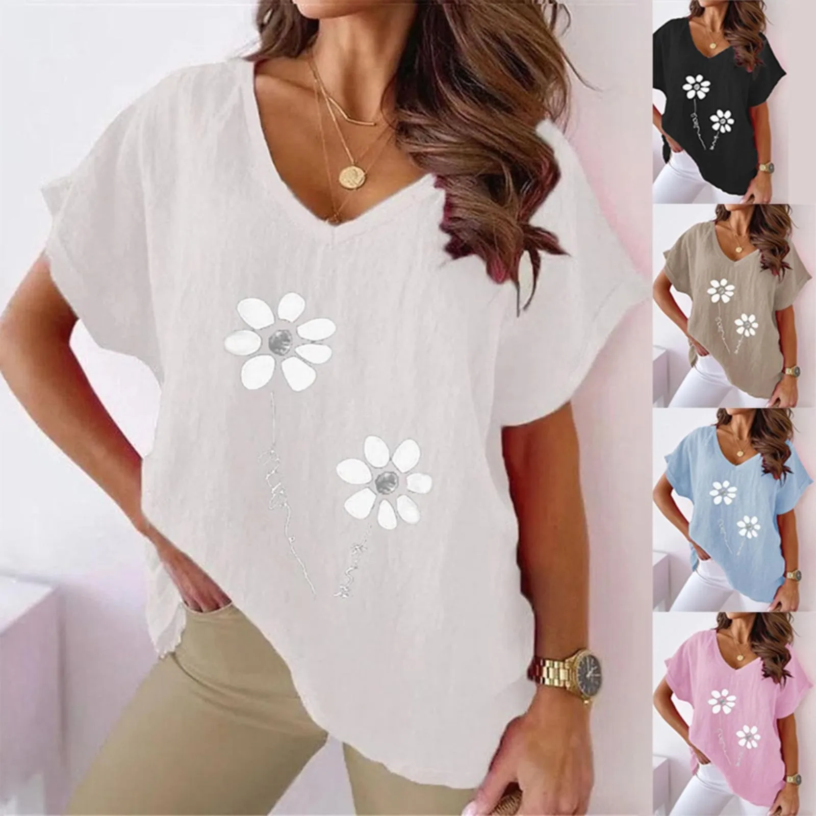 

Printed V Neck Cotton Casual Bat Short Sleeve T Shirt Women Thin Cotton Shirts for Women Tan Raglan Shirt Women
