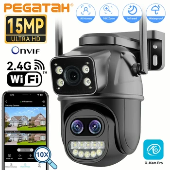 PEGATAH 15MP WiFi Telecamera di Sicurezza PTZ Esterna Doppio Schermo Zoom 10X Rilevazione Umana 10MP Video di Sorveglianza Telecamera IP O-Kam Pro
