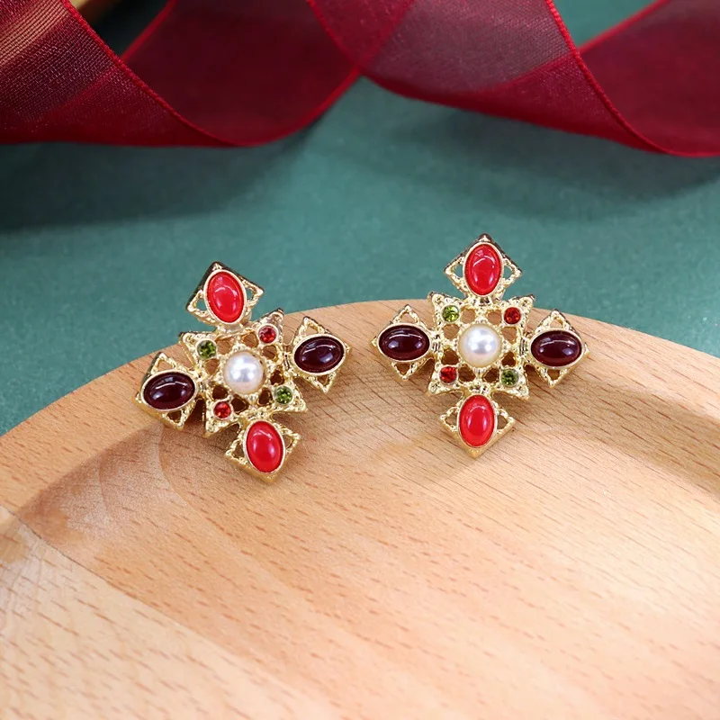 Women Girls Baroque Vintage Rhinestone Pearl Cross Earrings