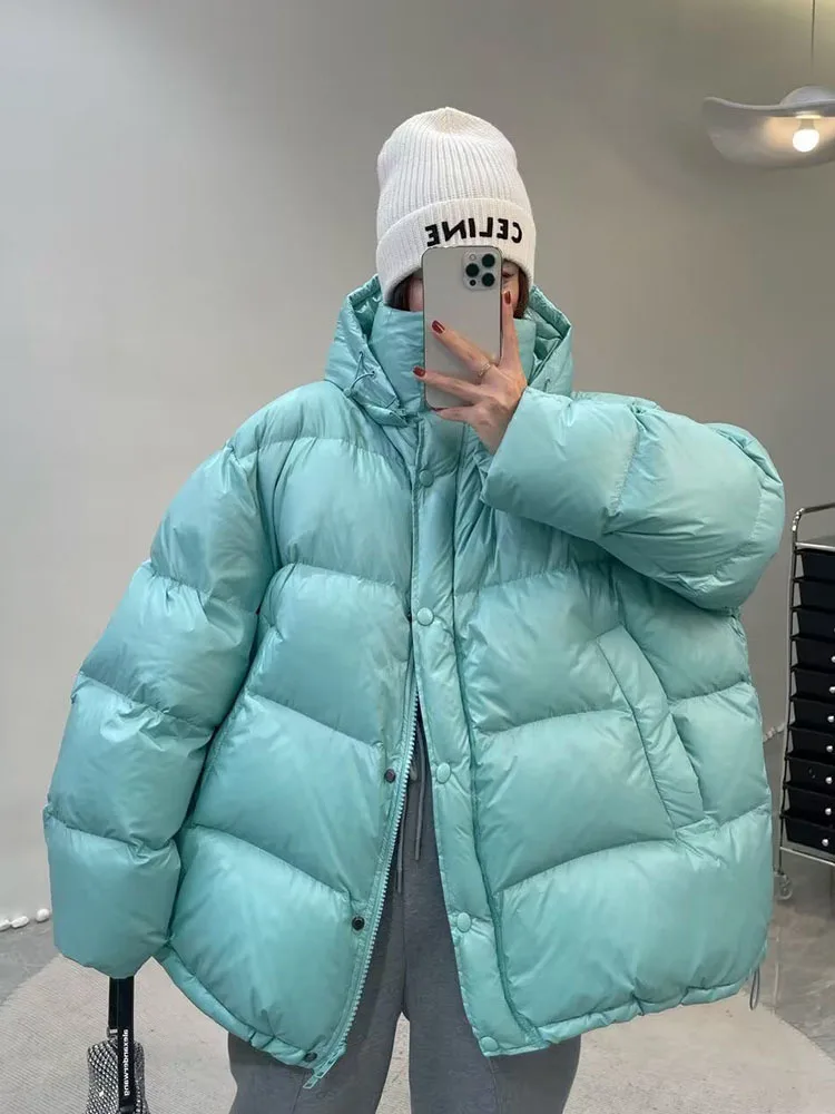 

90% Duck Down Jacket Women Fall Winter 2023 New Long Sleeve Thicken Warm Loose Puff Jackets Chic with Hood Feather Coats