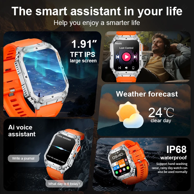 LIGE 1.91 inch HD Screen Smart Watch With Led Lighting IP68 Waterproof Outdoor Sports Health Monitor Smartwatch For Android IOS