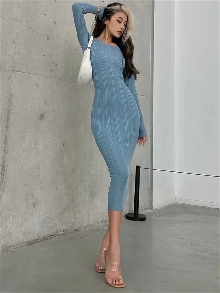 Autumn Fashion Slim Long Dress Female Knitwear Slim High Waist Patchwork Long Sleeve Elegant Party Dress Ladies Knit Dress