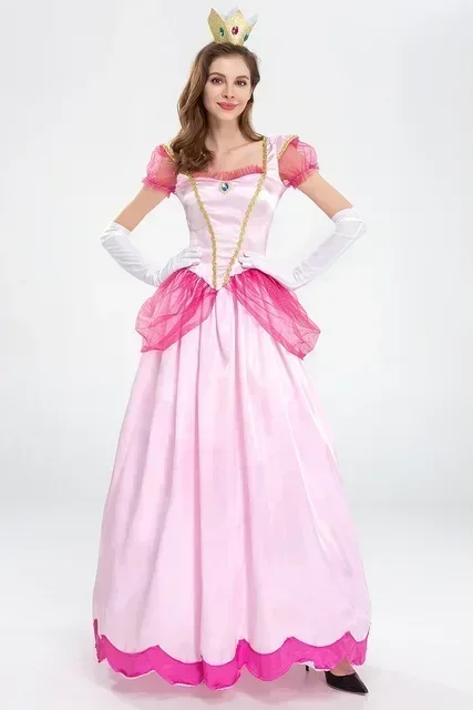 Adult Princess Peach Costume Women Cosplay Party Halloween Masquerade Dress Up Clothing for Women Pink Fancy Dress