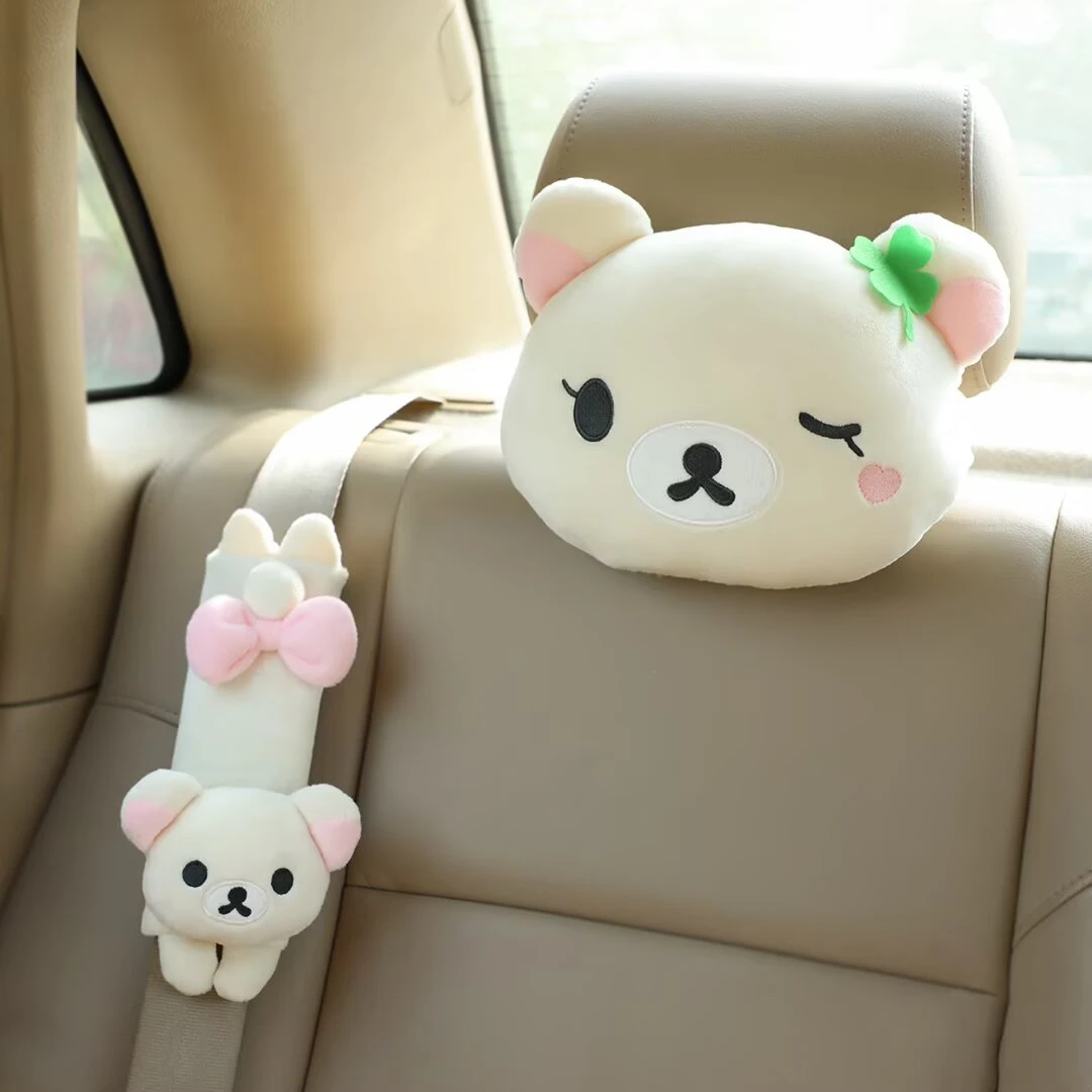 Kawaii Rilakkuma Auto-Nackenkissen Sicherheitsgurt-Polster Weicher Braun-Weißer Bär Auto-Innenausstattung Niedliche Auto-Dekoration für Mädchen Frauen – Detail 2