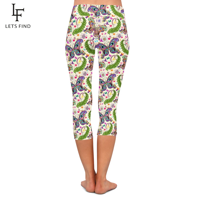 LETSFIND High Quaility 3D Butterflies and Flowers with Heart Print Women Capri Leggings High Waist Fitness Soft  Pants