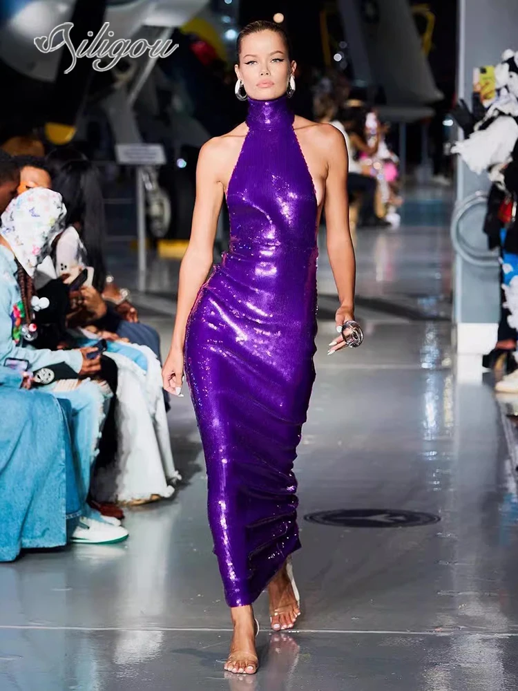 

Новинка 2023, летнее роскошное фиолетовое платье Ailigou с блестками, сексуальное платье без рукавов, с открытой спиной, Модное Длинное официальное платье