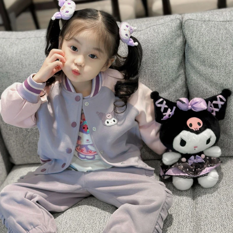 

Kawaii Cartoon Autumn Three-Piece Sanrio Kuromi Baseball Uniform Cute Girls Long-Sleeved Trousers Jacket Casual Suit Purple