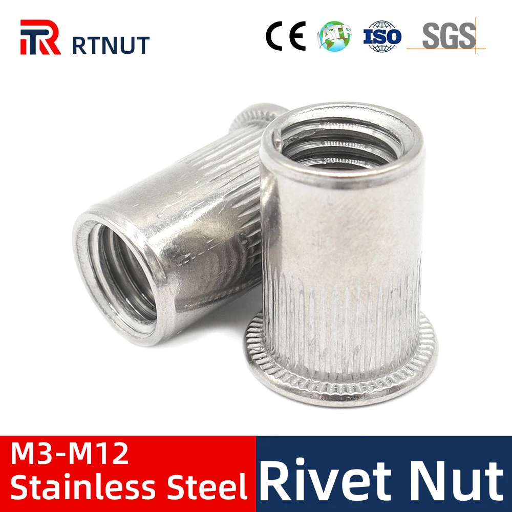 50100pcs Stainless Steel Rivet Nut Flat Head Round Body Knurled m3 m4 m5 m6 m8 m10 m12 SS304