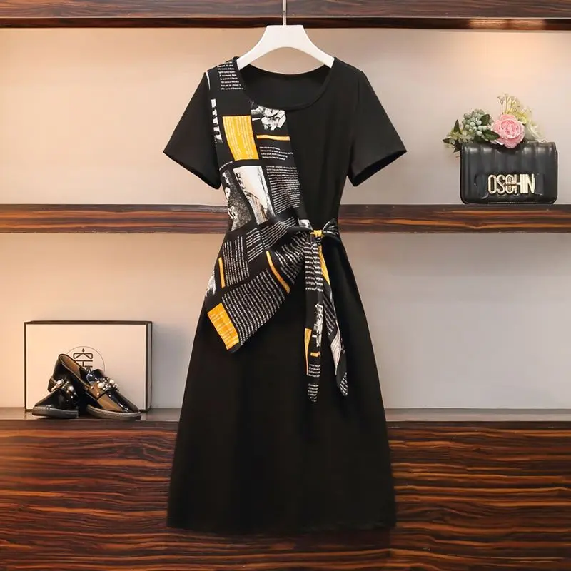 

Fashion O-Neck Printed Lace Up Irregular Casual Dresses Women's Clothing 2024 Summer New Loose Short Sleeve Asymmetrical Dress