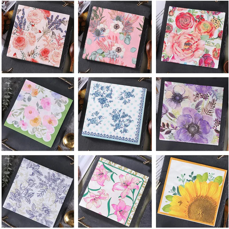 20pcs/pack Flower Printed Decoupage Disposable Napkin Paper Tissue Wedding Party Table Supplies Decoration disposable tableware,paper napkins