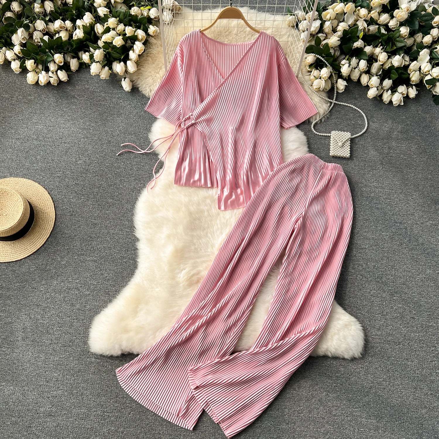 

Женская стильная блузка и брюки Clothland, костюм со шнуровкой, рубашка, брюки с широкими штанинами, сексуальная модель TA419