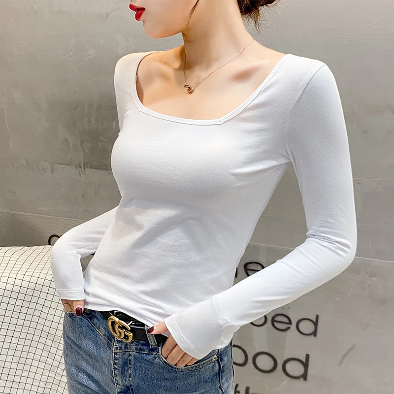 여성용 긴팔 코튼 티셔츠, 슬림핏 풀오버 상의, 타이트한 단색 블라우스, 기본 심플 스퀘어 칼라 디자인, 올 시즌 섹시