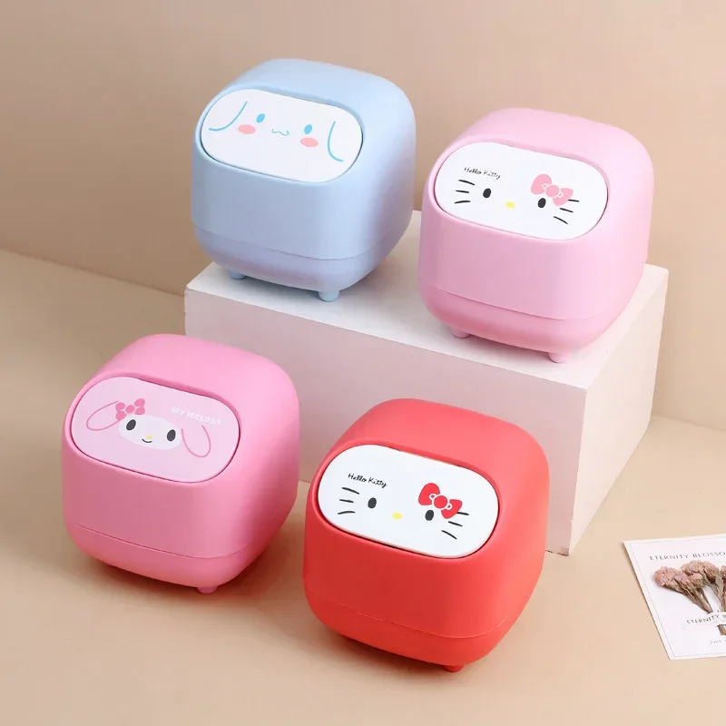 

Sanrio Cartoon Mini Desktop Trash Can HelloKitty MyMelody Cinnamoroll Anime Cover Pressing Simple Cute Wastebasket Office Home