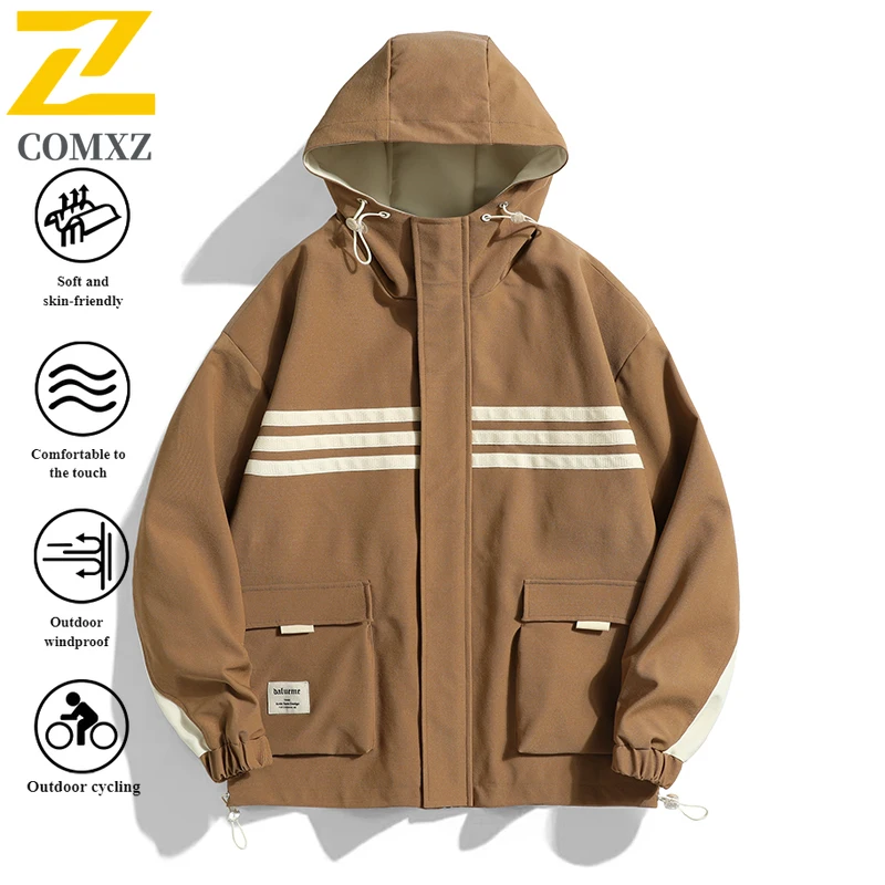 EiAO Jacket Men's Workwear Trendy Hooded Windproof Waterproof Spring Autumn Casual Coat for Hiking Camping Fishing Outdoor 2025