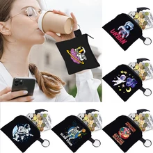 

2022 Unisex Coin Purse Astronaut Print Pattern Earplugs Key Lipstick Organizer Small Object Ring Buckle Zipper Black Canvas Mini