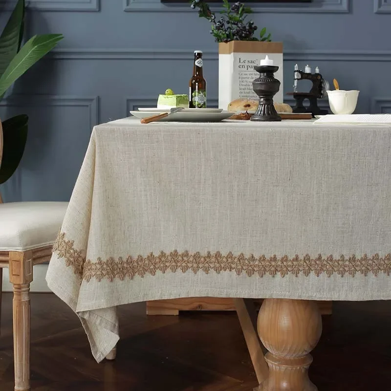 

Rustic Burlap Tablecloths Rectangle Cotton Linen Solid Lace Edge Washable Table Cover for Kitchen Living Room Dinning Decoration