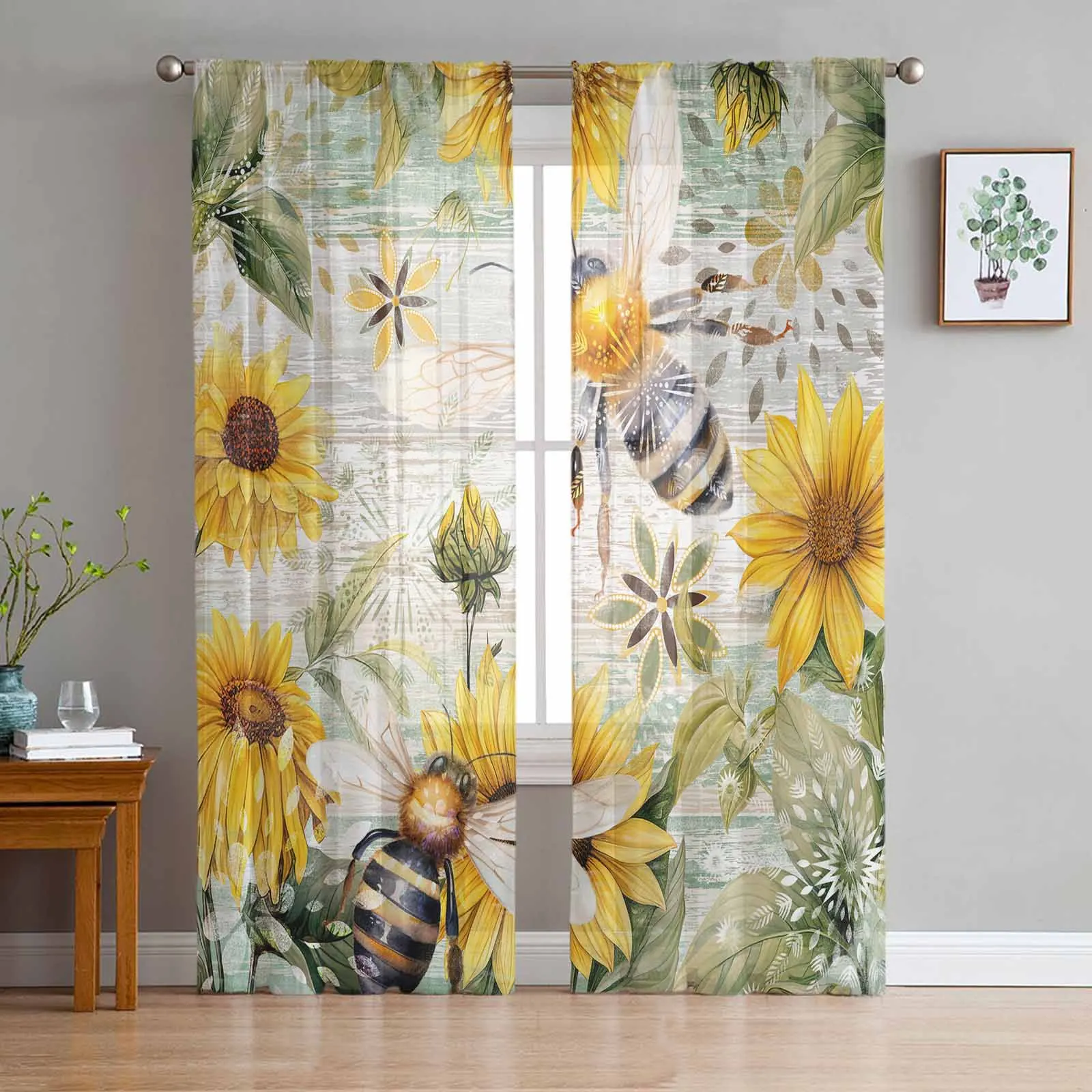 

Retro Wood Grain Sunflower Bee Tulle Curtains for Living Room Sheer Curtain for Bedroom Kitchen Blinds Voile Curtains