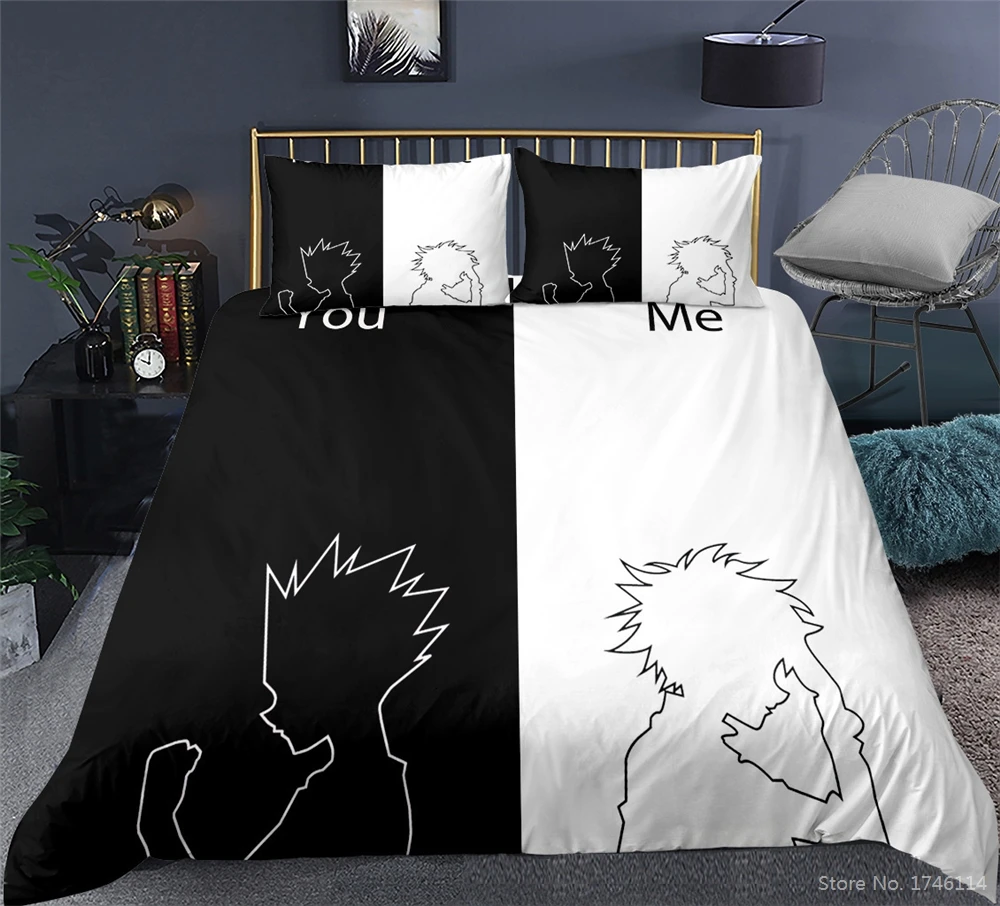 

2/3pcs Black + White You and Me Bedding Set Twin Full Queen King Size 3D Cartoon Printed HUNTER Duvet Cover Set Bed Linens Gift