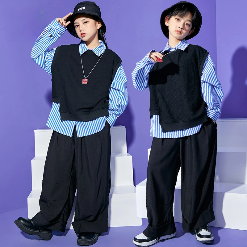 

Костюм для бальных танцев в стиле хип-хоп для девочек и мальчиков, рубашка в синюю полоску, Черные Мешковатые брюки, жилет, детская модная одежда для джазовых танцев, уличная одежда
