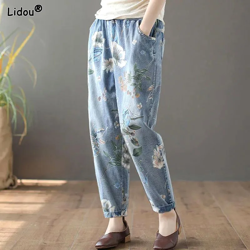 Ankle-length Pants Loose Women's Clothing 2023 Pockets Elastic Waist Printing Office Lady Fashionable Spring Summer Autumn Thin