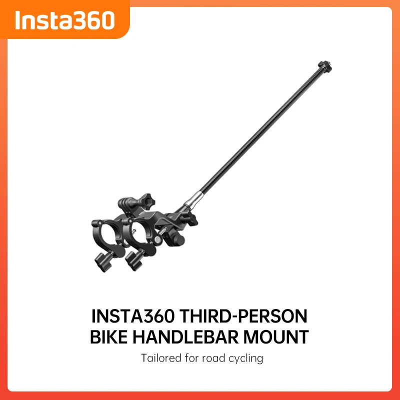 Fixation vélo d'origine Insta360 montée sur un guidon, prête à accueillir la caméra.