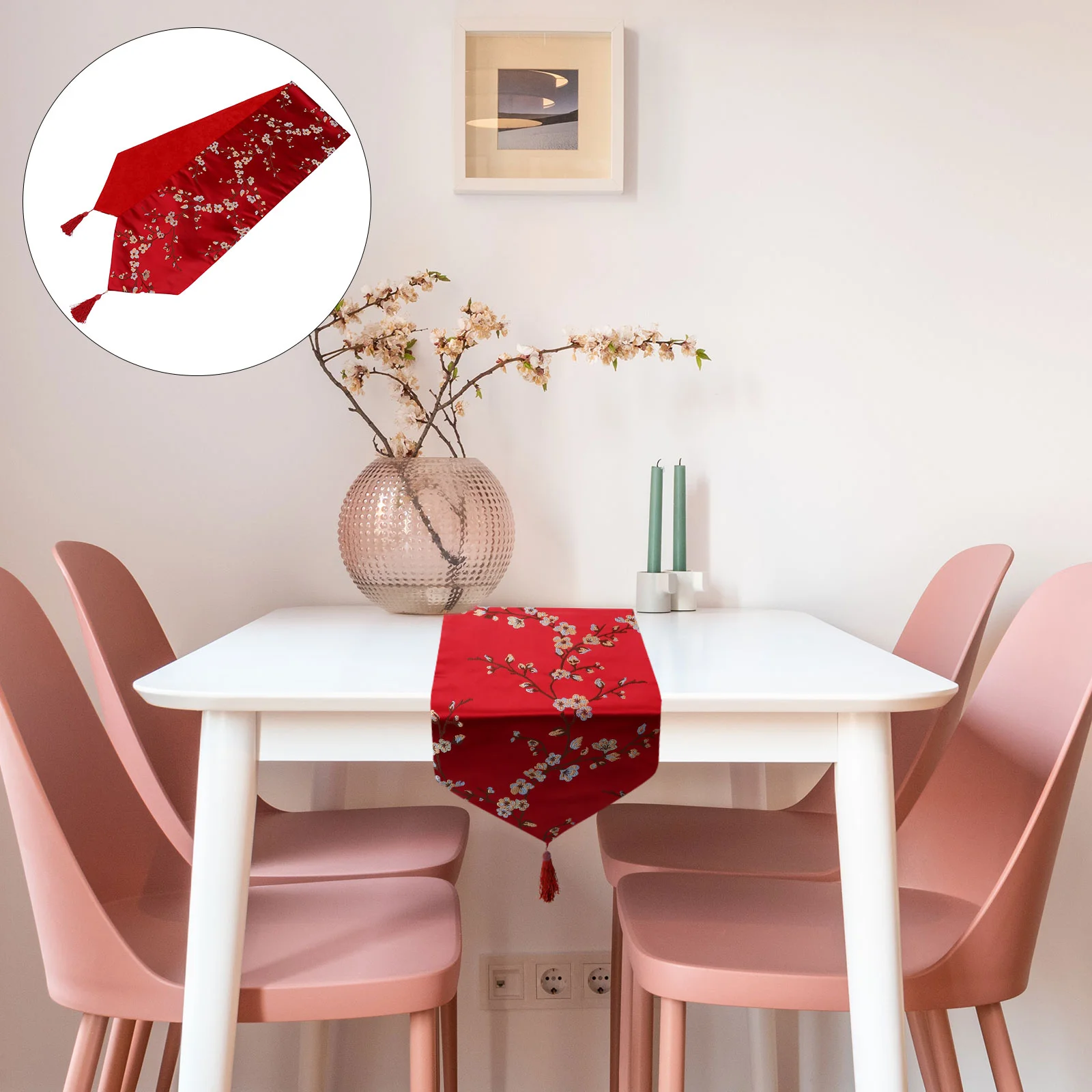 

Table Runner Chinese Japanese: Spring Summer Floral Tablecloth with Tassels Flower Placemat for Kitchen Holiday Wedding Party